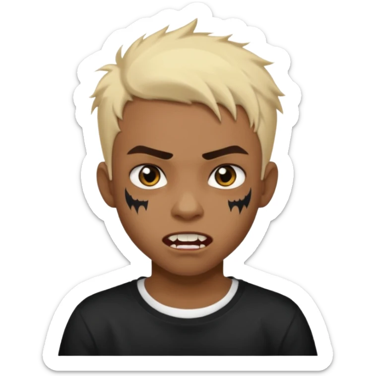 Black Male Teenager with Short punk messy blonde hair, Dark brown bushy eyebrows large expressive golden-brown eyes, wearing a plain white t-shirt, Dark Brown skin color. vampire tooth sticker