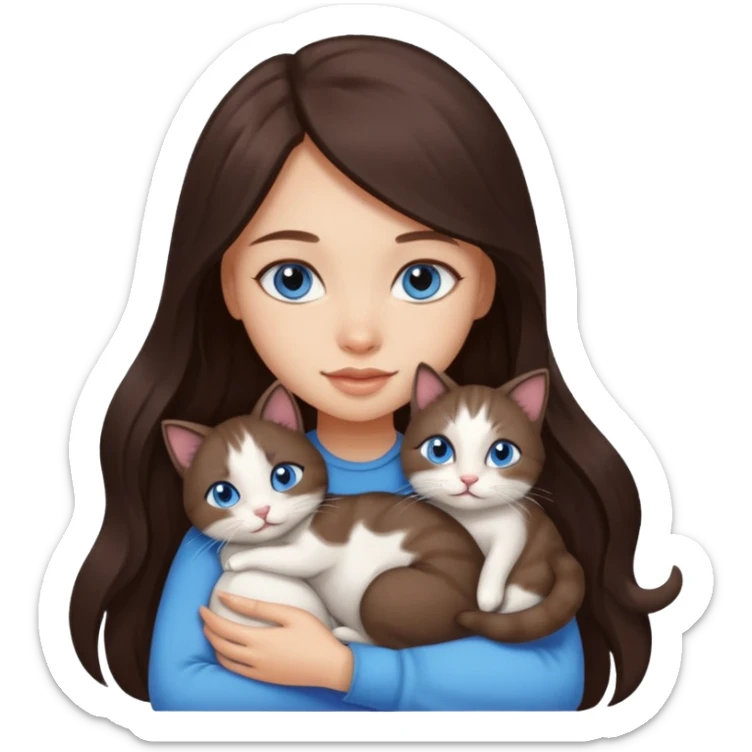 a pretty girl with long dark brown hair, with blue eyes, hugs 3 different natural coloured small cats sticker
