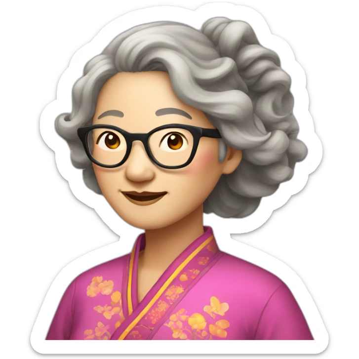 Chinese senior lady with long wavy hair to the shoulder length wear glasses dress colorful Chinese clothes sticker