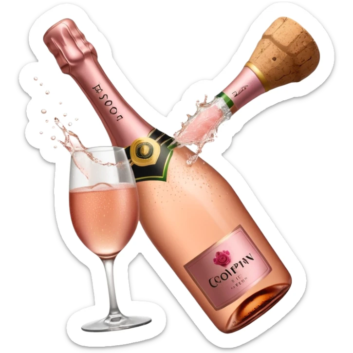 bottle of sparkling rosé champagne with a rose logo on the label, with the cork popping out, tilted up and to the left, no glass sticker