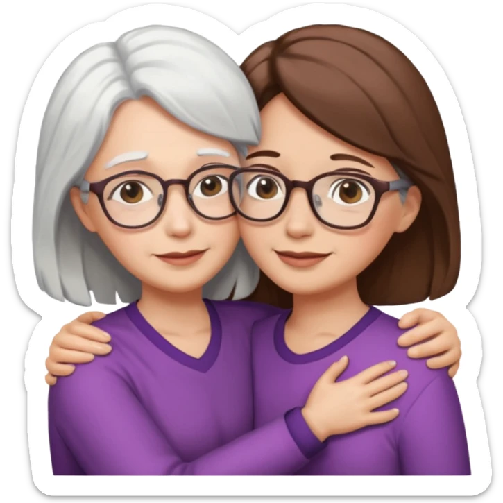 Abrazo de Madre con pelo blanco y gafas y hija con pelo morena sticker
