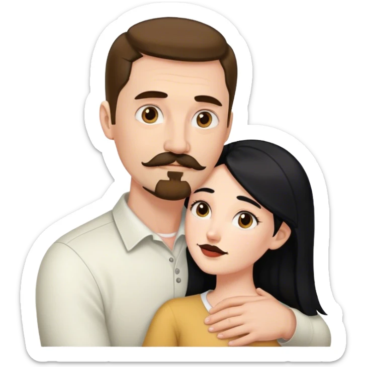 Tall white man with brown mustache and goatee hugging a short pale woman with long black hair sticker