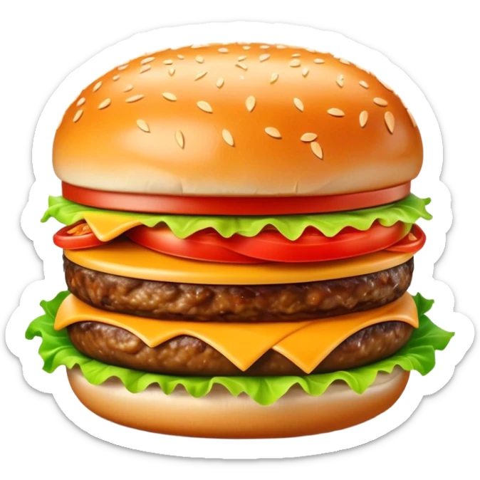 Cinematic Realistic Cheeseburger Dish Emoji, showcasing a juicy burger layered with cheese, lettuce, and tomato on a toasted bun rendered with lifelike detail and vibrant, inviting lighting. sticker