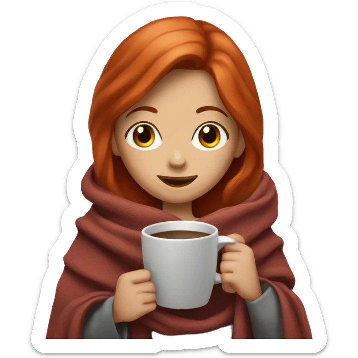 Red hair girl with hazel eyes and with a blanket around her and a coffe cup in hands sticker