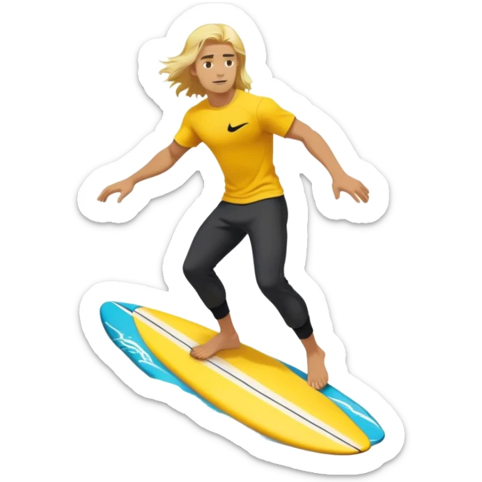 Man surfing on a yellow white board with long blond hair, yellow t-shirt with black Nike logo in center of chest, black baggy sweatpants. sticker