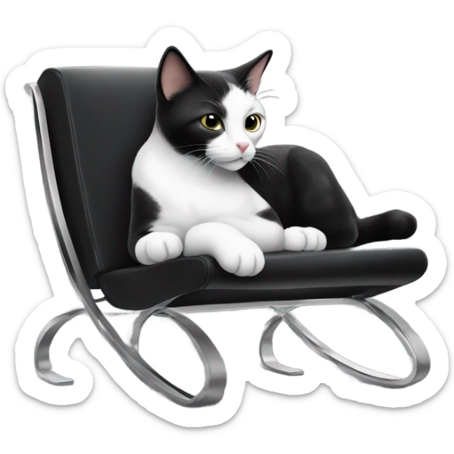 cute black and white cat laying on a big modern black leather and metal chair  sticker