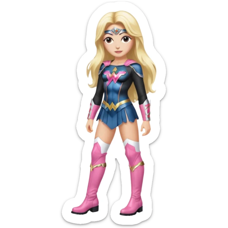 Wonderwoman, long blond hair with pink highlights, black-pink leather outfit, white knee high boots sticker