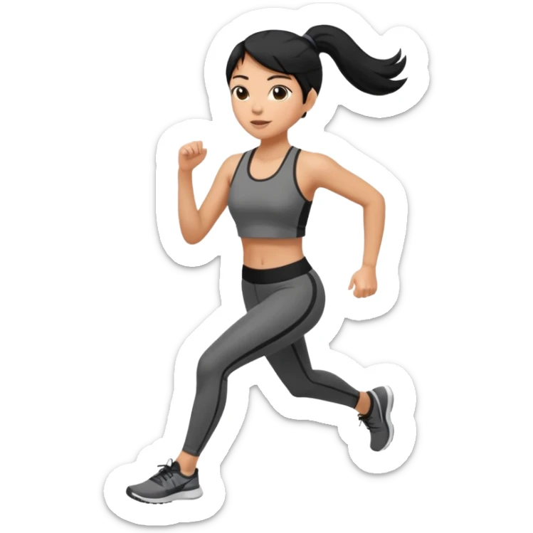 side view of a slightly caramel tan colored woman with straight black hair in a mid-high ponytail, jogging sticker