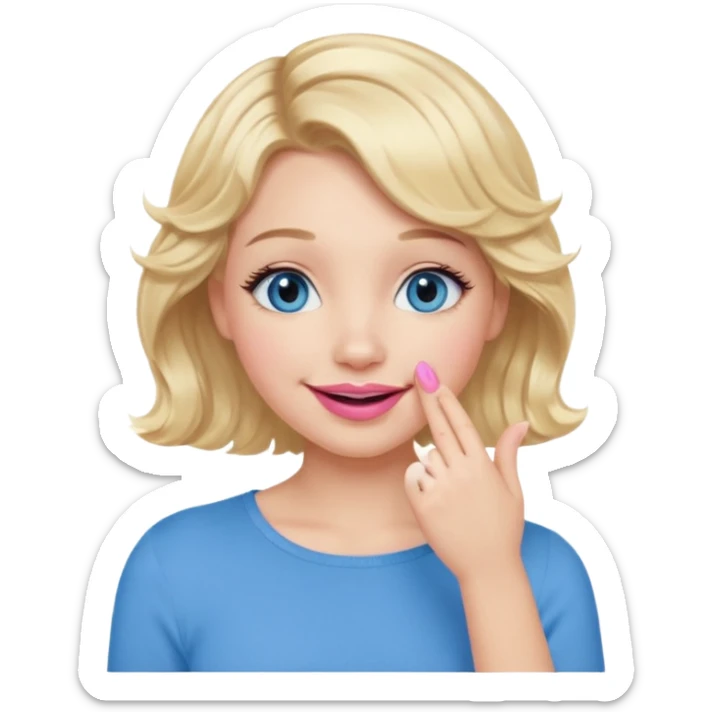 Girl Blonde short wavy hair,  blue eyes, cute blue top, long lashes, pink lips, smiling, hand covering the mouth sticker
