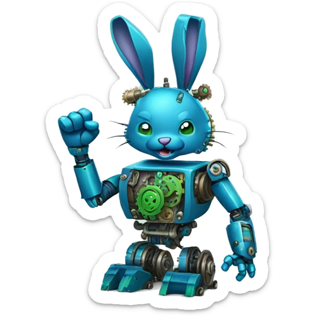 The blue and green robot rabbit with detailed gears and mechanical parts visible, with a raised fist showcasing its strength. sticker