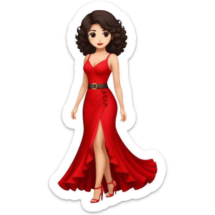 Una chica cuerpo completo con cintura pelo rizado perfecto largo morena con vestido rojo largo sticker