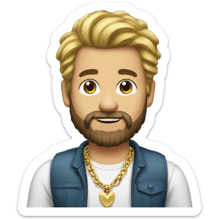 Hair: Add a voluminous hairstyle with a blonde top and darker sides.
Beard: Select a full, dark-colored beard.
Facial expression: Create a friendly smile.
Accessories: Add a gold chain and a smartwatch on the left wrist sticker