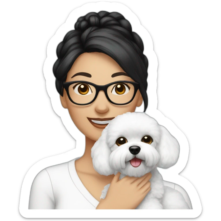 woman-black-hair-bun-with glasses-with bichon dog-white-smile-Christmas sticker