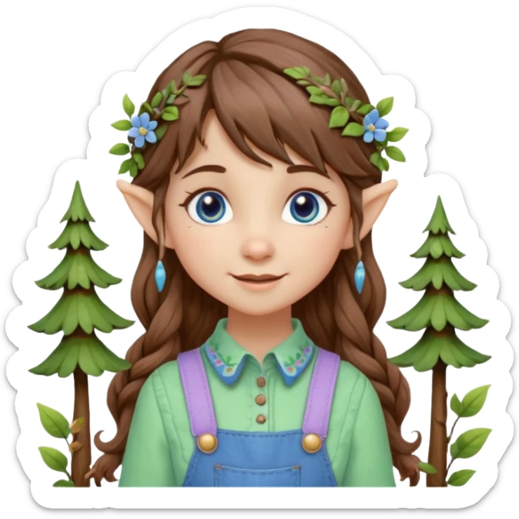 Kind happy whimsical quirky Girl toymaker, wood carving elf. Woodland nature creator. Blue eyes. brown hair (just below chin length) wavy hair & bangs. Whimsical playful cute. Overalls with nature embroidered cute shirt collar. Light green, light purple and light blue colour aesthetic  sticker