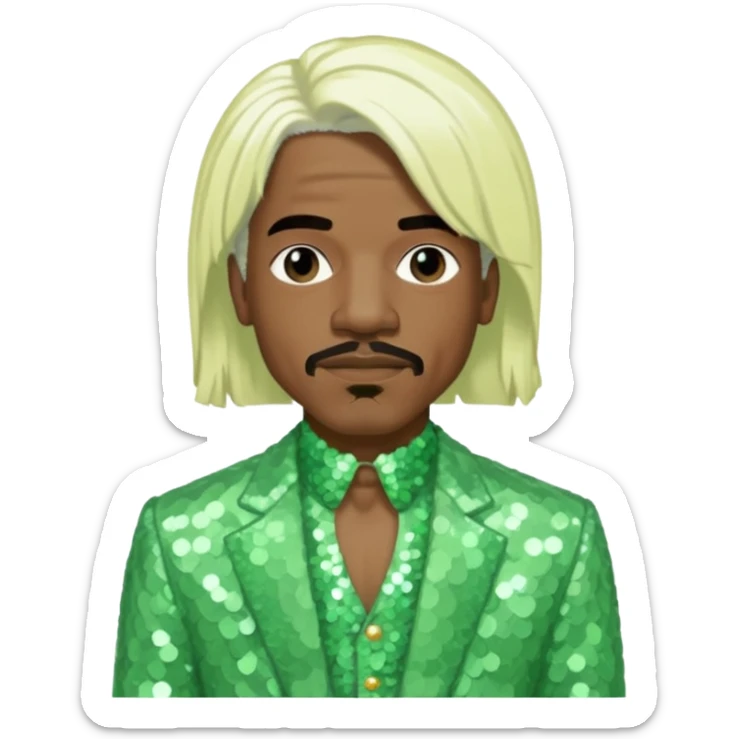 Andre 3000 from Outkast with long white blonde hair, pale green sequin outfit sticker