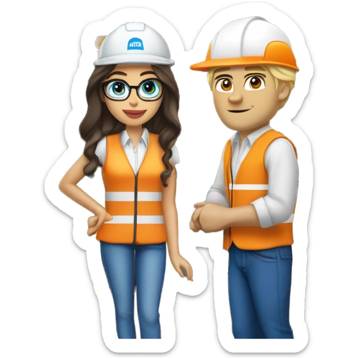(madison beer as barista) standing next to (handsome blonde man, no beard but with mustache, blue/green eyes, glasses, wearing white hard hat that says ”gmc” in orange letters, orange safety vest, blue shirt on) sticker