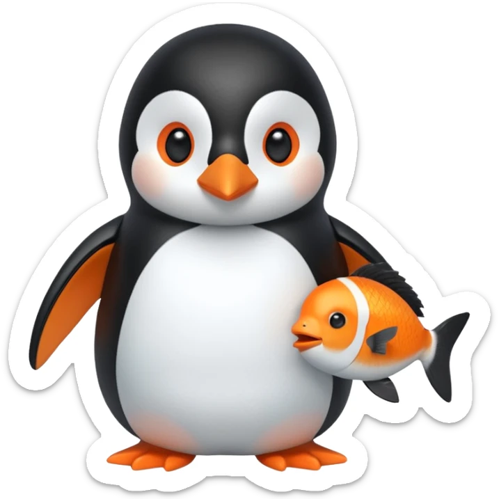 A cute penguin doll holding an orange fish doll in its hands.
A house of ice behind it. sticker