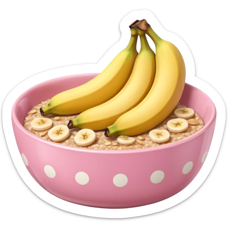 banana baked oats in a bowl like oat meal with a couple banana slices on top that look a little bit caramelised and a light pink bowl with white polka dots please with NO whole banana on top just slices  sticker