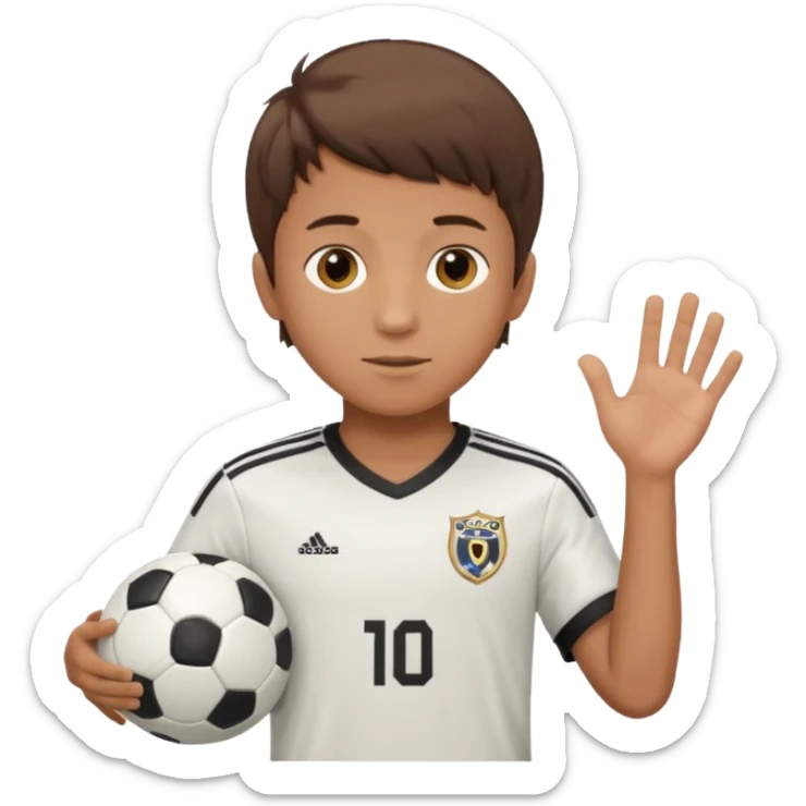 a boy having a soccer ball next to his hand wearing a soccer jersey
 sticker