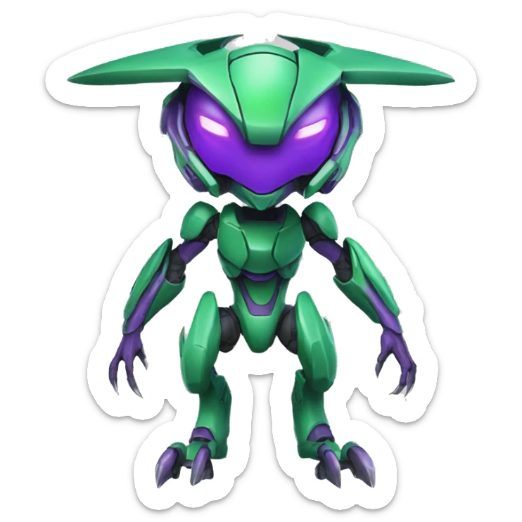 a purple-green Genesect-Raptor-Fakémon—hybrid with a futuristic visor-helmet full body sticker