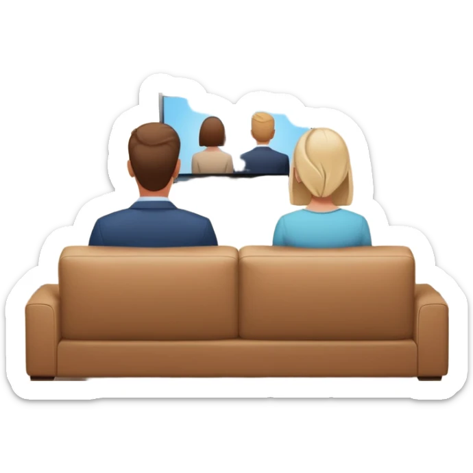 A man and a women photographed from behind, sitting on a sofa and watching the news on TV on a modern flat screen. The setting is a living room. sticker