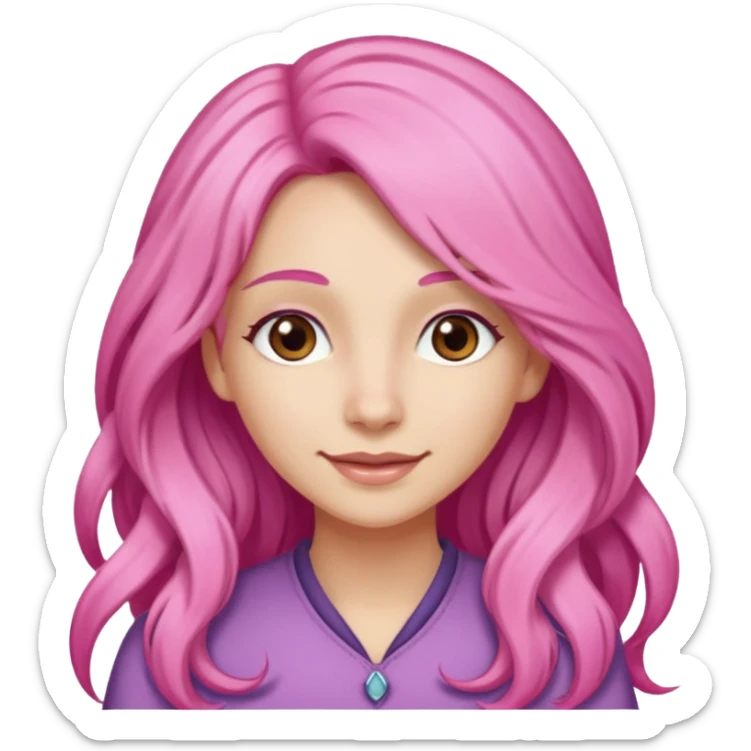 A light-skinned woman with long pink hair styled, brown eyes, and a gentle smile. sticker