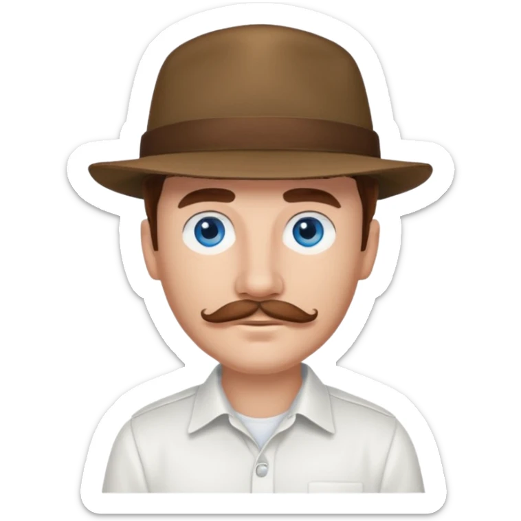 Justin Jeffre blue eyes, brown hair and mustache, white shirt and hat sticker