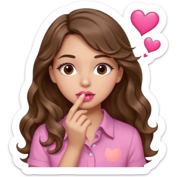 girl with long wavy brown hair, brown eyes, light to medium complexion, in a pink shirt, pink lips, long lashes, puckering up for a kiss, kiss lips and hearts in hand sticker