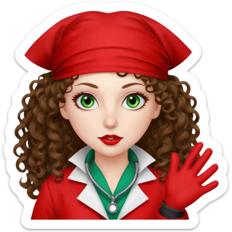 Spanish sexy evil woman. She has green eyes.  had brown long curly hair.  evil surgeon kills with needle wears red sexy doctor coat with red bandana on her mouth and nose to hide and wearing red gloves.  sticker