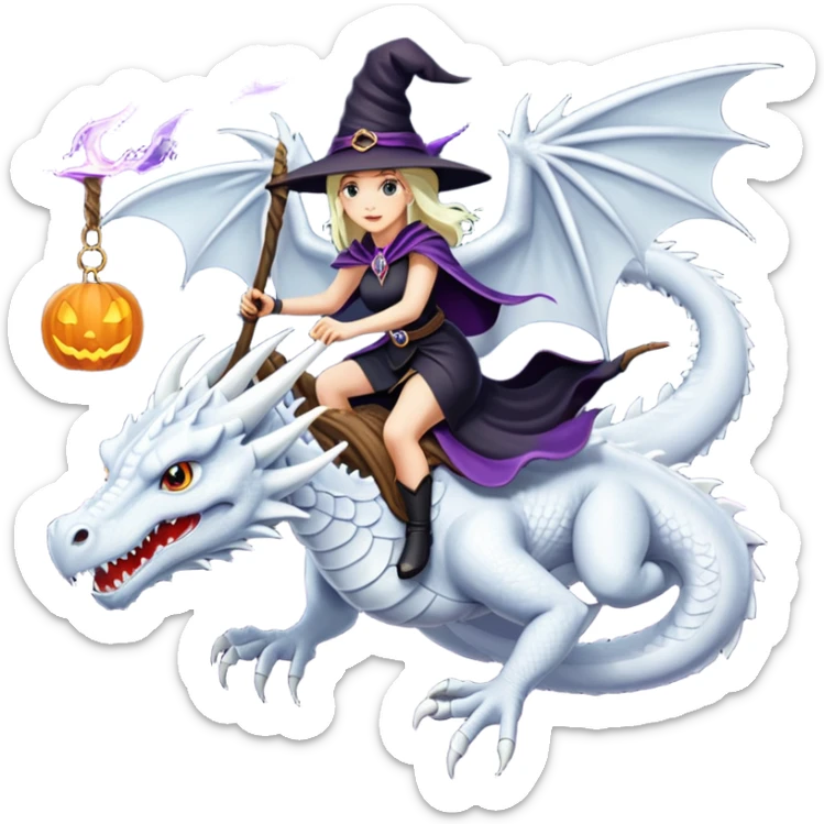 Big white dragon flying with a witchy female rider on top of it sticker