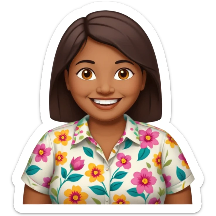 40 yr old chubby sri lankan woman, dark skin, straight brown hair, big smile, white teeth sticker