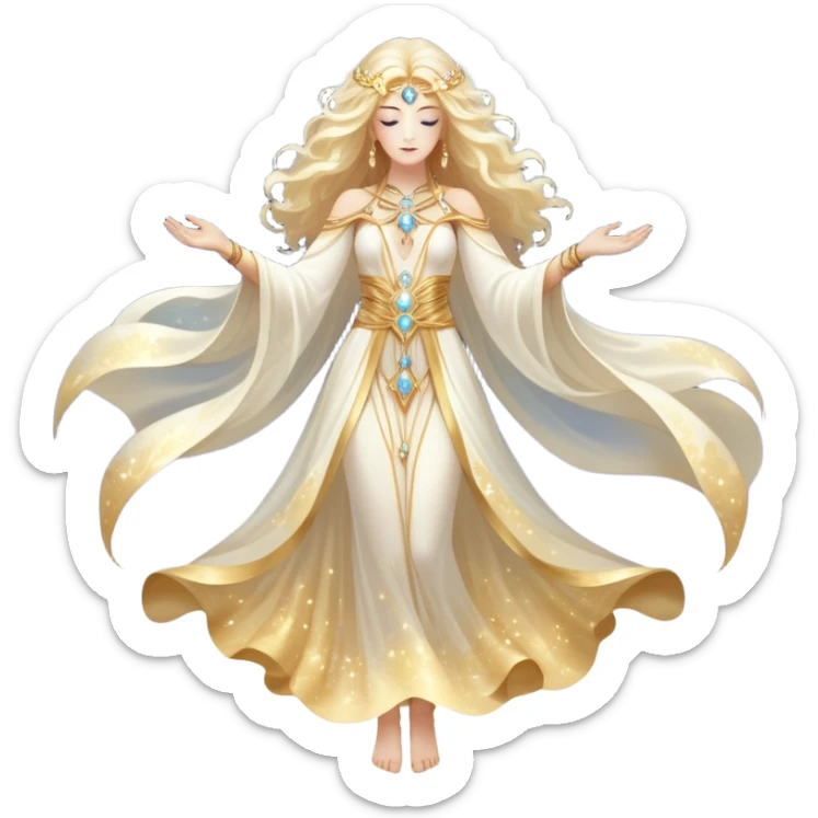 fullbody universe goddess Sophia, Ethereal Light Being, Made of starlight and fractals, Glowing white/gold skin with flowing translucent robes, Hair like galaxy mist, Jewelry made of stars and crystals sticker