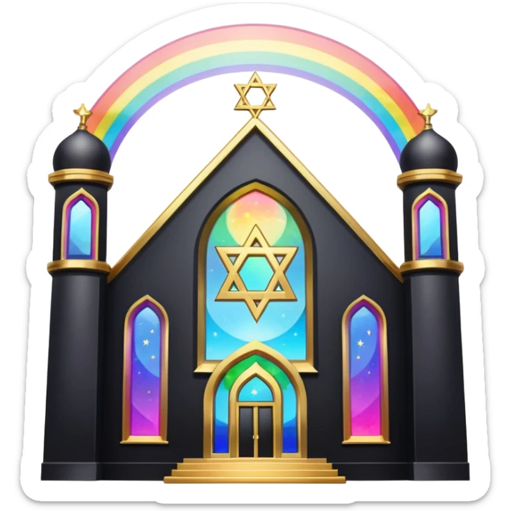 jewish synagogue temple in dark goth aesthetic style with black building and very light tint glass windows that are rainbow if looked at together. and star of david and celestial symbolism sticker