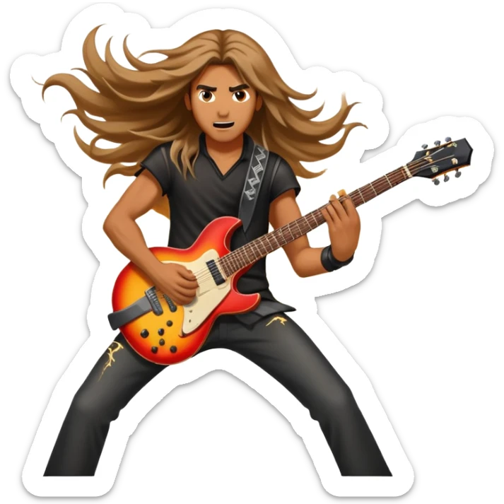 An icon showing a rock musician wielding a guitar in an epic battle, inspired by Brutal Legend. The design features fiery backgrounds, musical notes floating in the air, and electrifying stage lights, capturing the power of music and combat. Transparent background highlights the energy. sticker