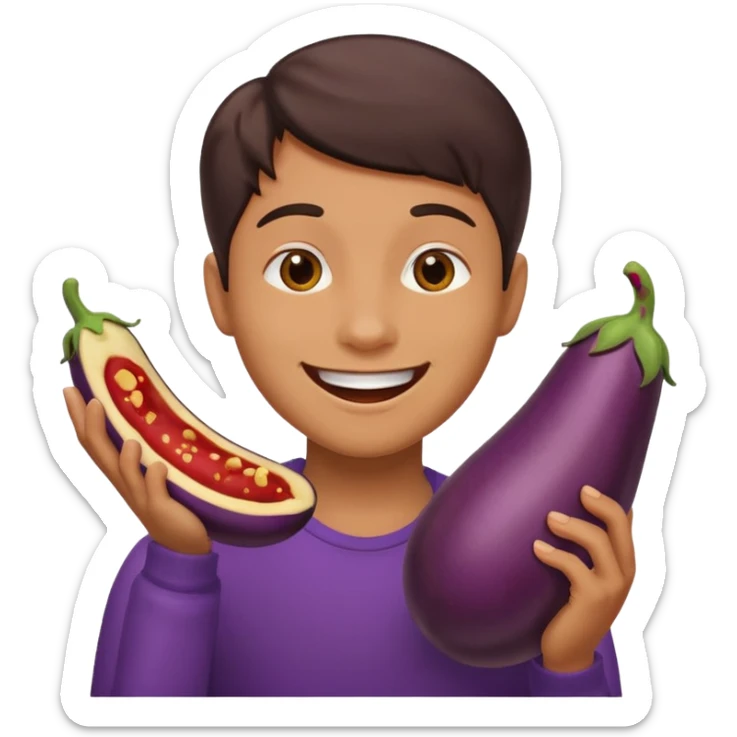 smiley qui se mord les levre avec une aubergine dans les main sticker