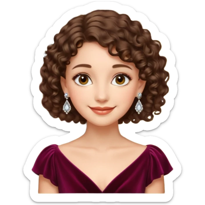 young elegant lady, short curly brown hair, velvet dress, chandelier earrings, gentle expression sticker