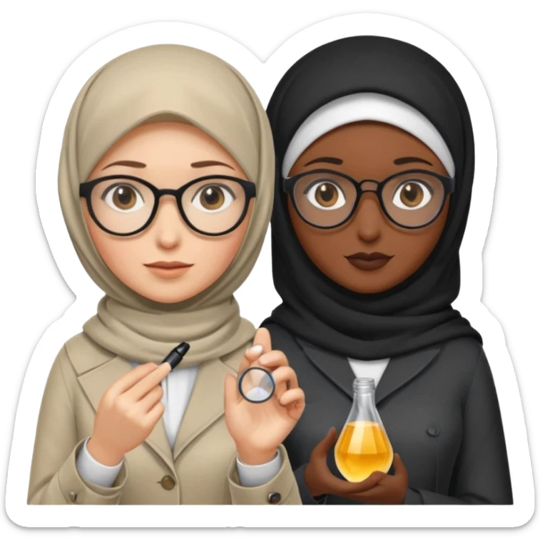 one white woman with hijab and glasses detective + one black woman without hijab and glasses detective  hand lens in one hand, hat etc sticker