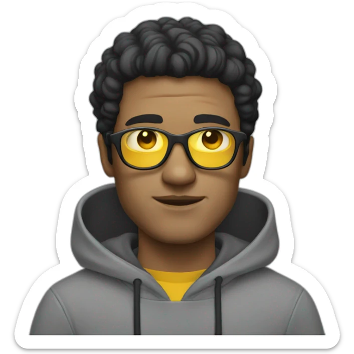 White man with yellow tinted glasses and black hair in a gray hoodie sticker