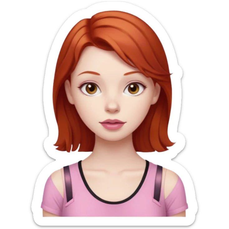 Redhead girl with deep brown eyes, pale skin with light red lips wearing a pink strap shirt sticker