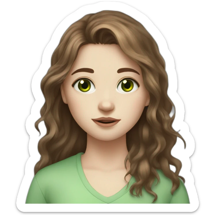 Messy long brown haired girl with green eyes, pale skin and little birthmark on neck sticker