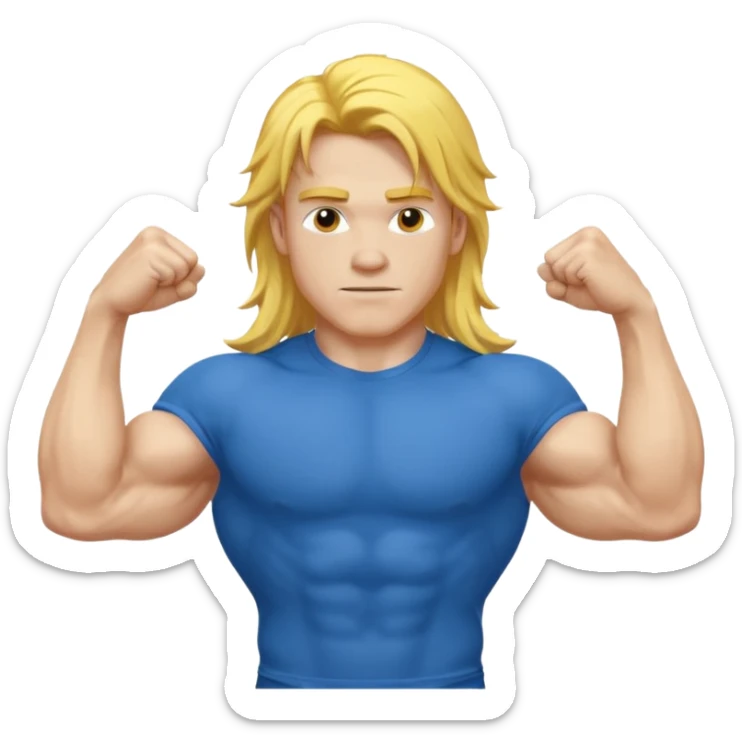 young guy with biceps fkexing, long yellow hair, blue t-shirt sticker