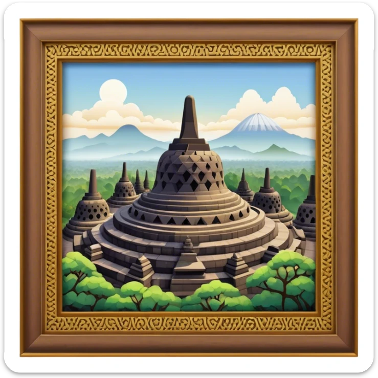 Cinematic Realistic Borobudur Landmark Emoji, showcasing the majestic ancient Buddhist temple rendered with intricate textures and serene, historic lighting. sticker