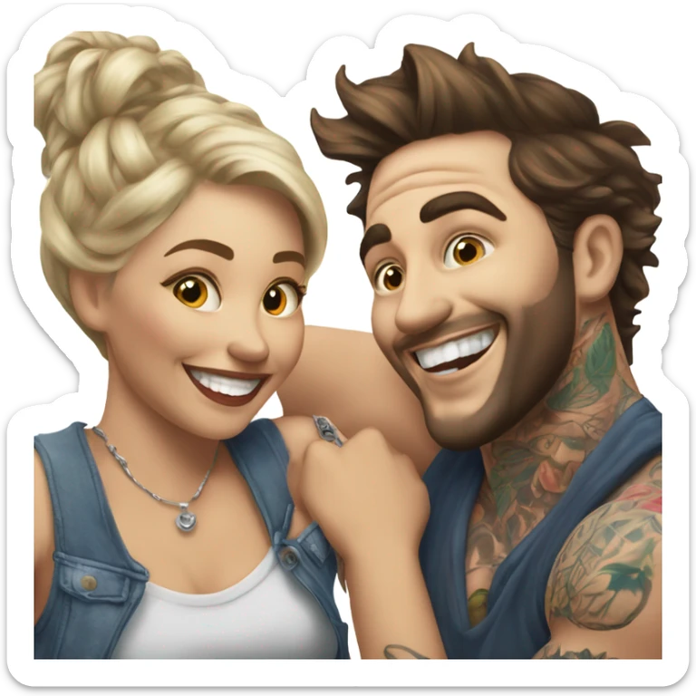 Hyper Realistic beautiful woman in the arms of a very handsome tattooed man laughing  sticker
