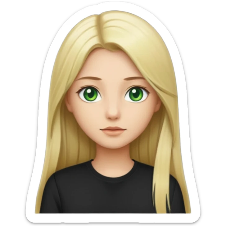 Long straight blonde hair with green eyes and black shirt sticker