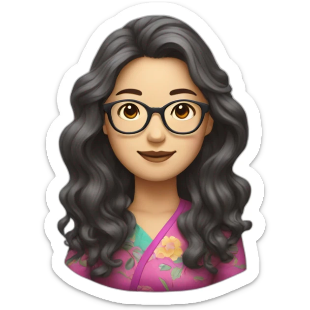 Chinese lady with long wavy hair to the shoulder wear glasses wear colorful top sticker