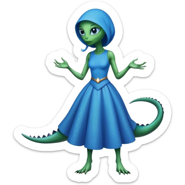 a reptilian alien woman full body, in blue dress sticker