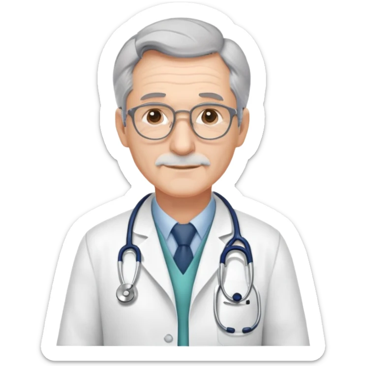 mature 60 year old male doctor with stethoscope, gray hair, professional sticker