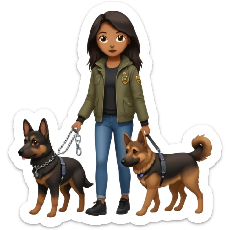 a girl with a brown dark long hair, she's walking her dog is a german shepard sticker