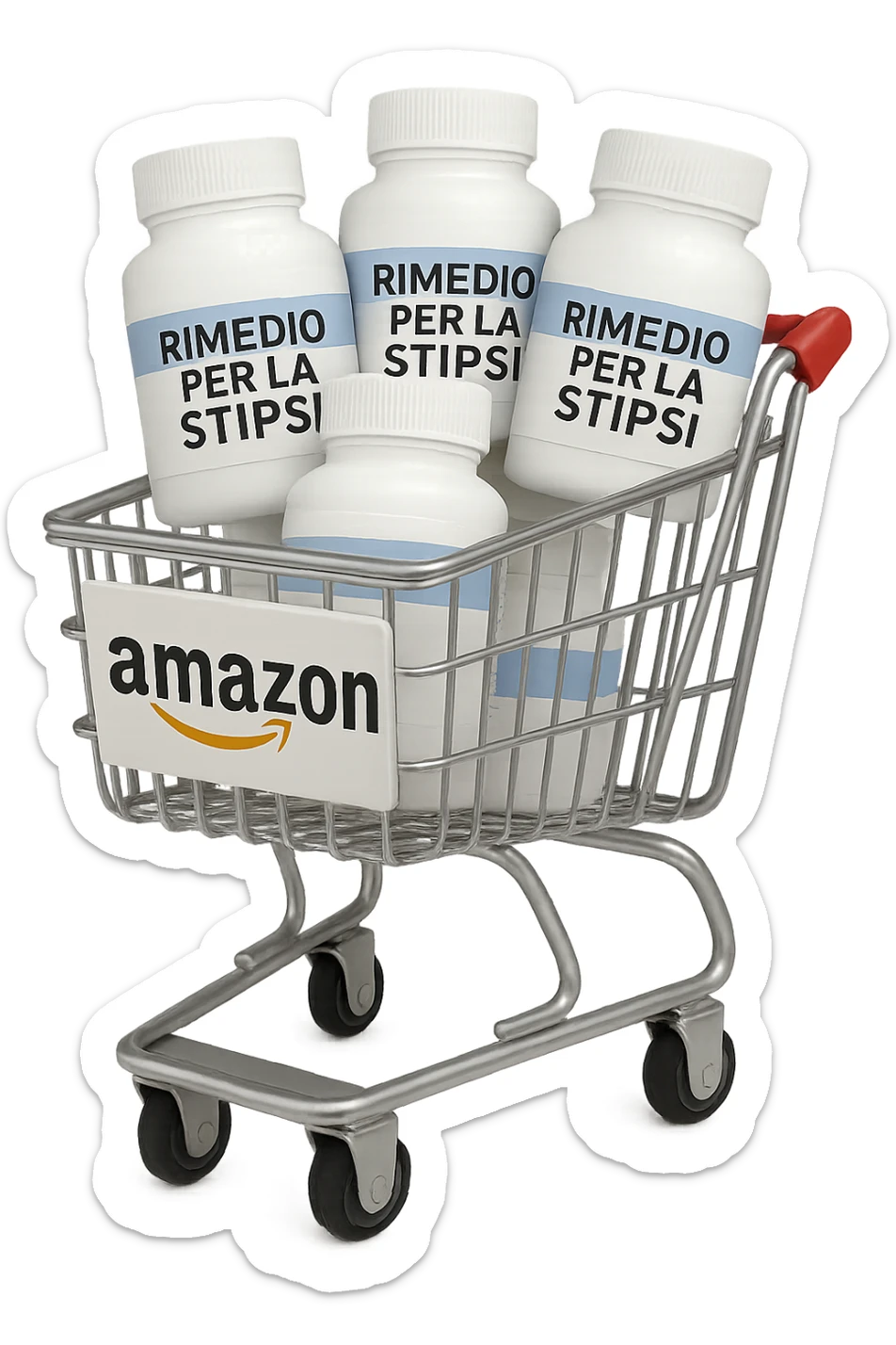 emoji stile iphone di un carrello per la spesa con l'icona di amazon stampata sopra, dentro al carretto ci sono varie boccette di integratori con la scritta "RIMEDIO PER LA STIPSI", iperrealistico 4k sticker