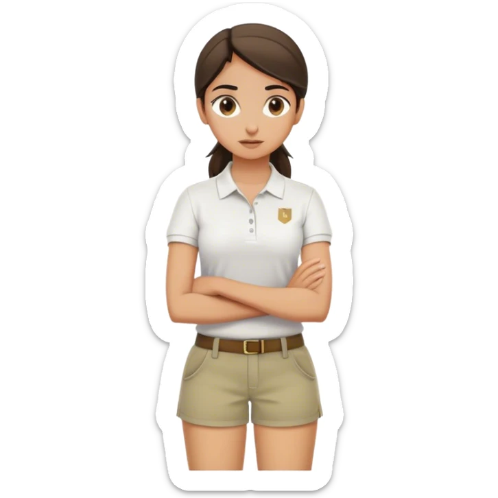 Pool attendant. white polo shirt. khaki shorts. Arabic. Arms crossed. girl sticker